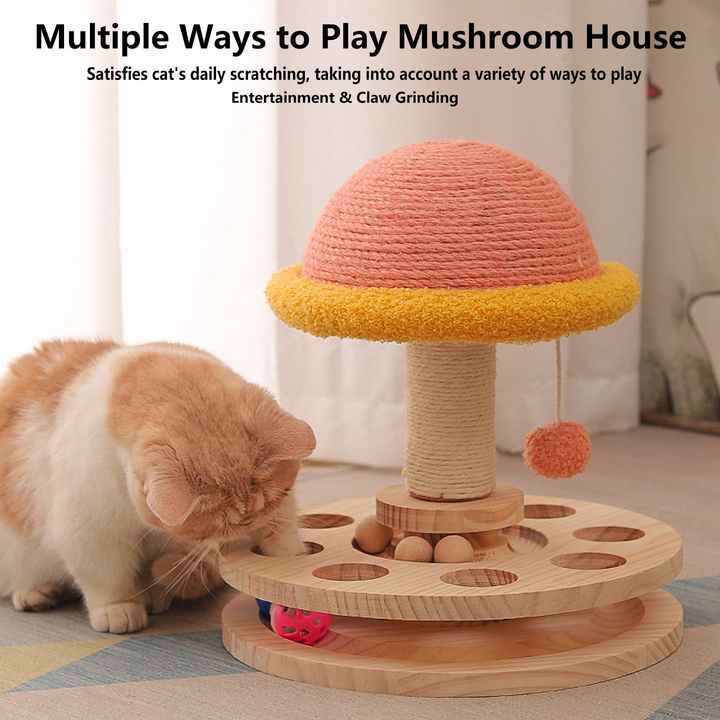 Interactive Mushroom Cat Scratcher with Ball Track & Sisal Post – Pink