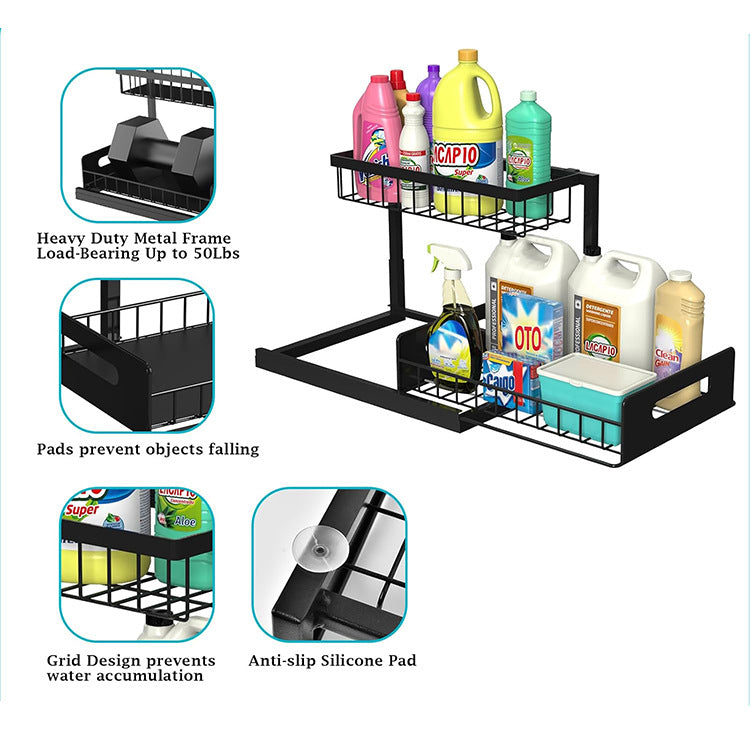 2-Tier Metal Pull-Out Under-Sink Organiser – Black