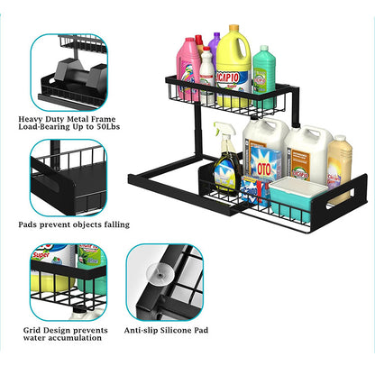 2-Tier Metal Pull-Out Under-Sink Organiser – Black