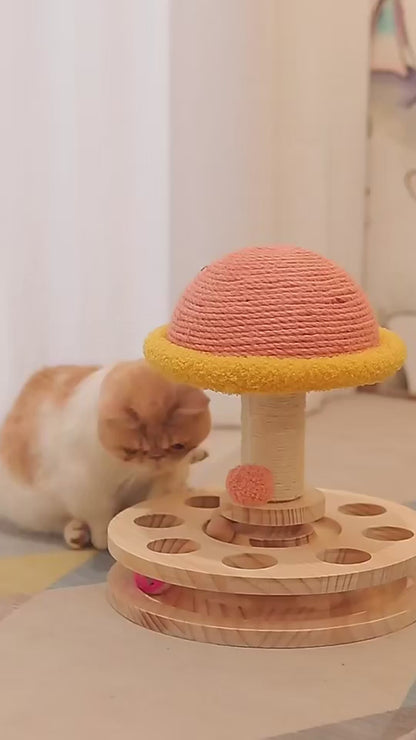 Interactive Mushroom Cat Scratcher with Ball Track & Sisal Post – Pink